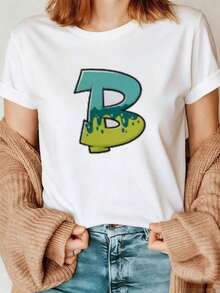 Premium100% Cotton Casual Daily Suit For And Wo, Featuring A Blue-Green Drip-Pattern Black Short-Sleeve T-Shirt With A Stylish 'B' Design, Paired With A Beige Cardigan And Blue Jeans. Wo's Simple Solid Color T-Shirt, Loose And Slim Fit Casual Short SleeveGift Idea - 白色 - 查看 1