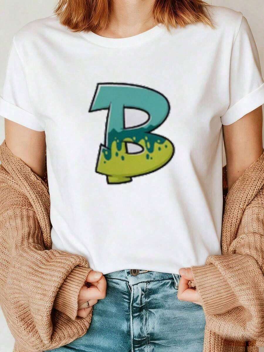 Premium100% Cotton Casual Daily Suit For And Wo, Featuring A Blue-Green Drip-Pattern Black Short-Sleeve T-Shirt With A Stylish 'B' Design, Paired With A Beige Cardigan And Blue Jeans. Wo's Simple Solid Color T-Shirt, Loose And Slim Fit Casual Short SleeveGift Idea - 白色 - 查看 1