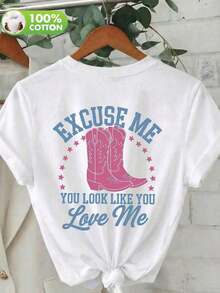 Vintage American Style Cowboy Boots In Purple And Red With A Red Star Print And A Short-Sleeved Crew Neck T-Shirt With A Graphic Print Of "EXCUSE ME / YOU LOOK LIKE YOU Love Me" In Light Blue And Pink, Suitable For Spring, Summer And Autumn, Summer Holiday Outfit - 彩色 - 查看 6