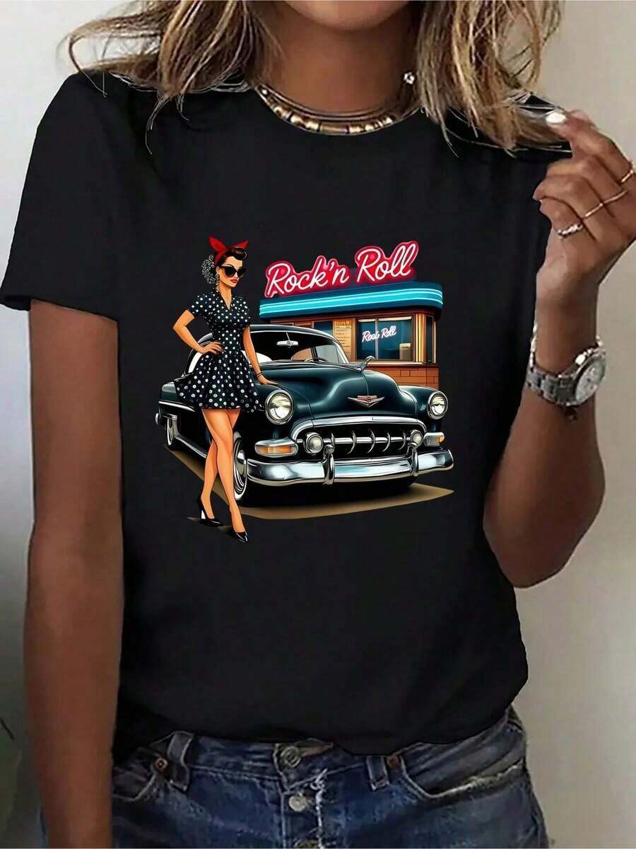 PremiumSimplicity Retro Rock 'n' Roll Car Restaurant Charm-Wo's Modern, Casual And Vibrant Sport Style T-Shirt With Print - Comfortable Short Sleeve Crew Neck Top For All Seasons - Gift Idea - 黑色 - 查看 1