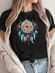 Women's Short-Sleeved T-Shirt With Front Print, Comfortable And Breathable Fabric, Casual Sporty Style, Suitable For Everyday Casual And Athletic Wear In Summer. OL0L 100% Cotton - 黑色 - 查看 6