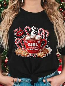 Women's Round Neck T-Shirt For Spring/Summer With A Warm And Sweet Christmas Print: Hot Chocolate Mug, Candy Cane, Gingerbread. Women's Blouses > Clothing - 黑色 - 查看 7