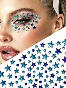 Blue Star Rhinestone Stickers, DIY Self-Adhesive Music Festival Face Decorations, Stage Makeup Eye Glitter Stickers - Multicolor - View 1