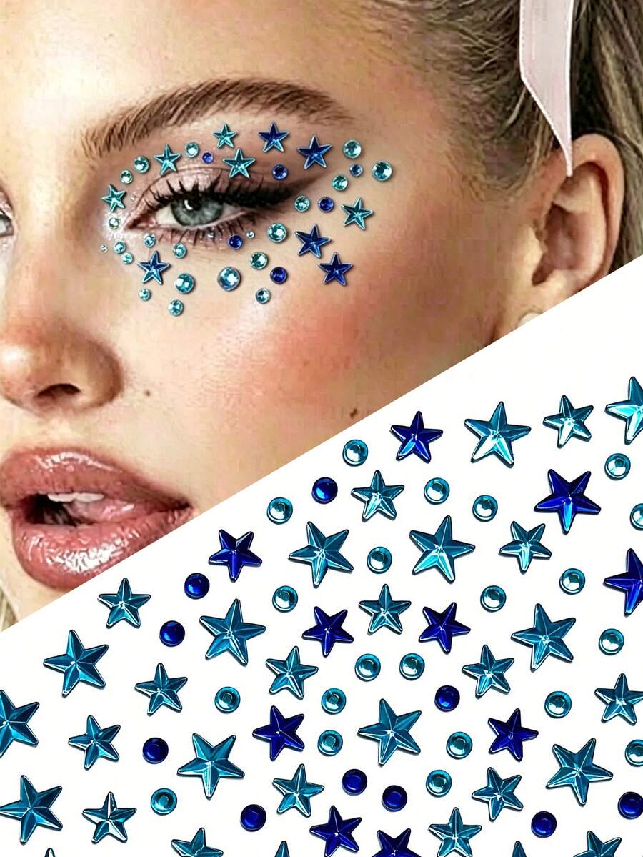 Blue Star Rhinestone Stickers, DIY Self-Adhesive Music Festival Face Decorations, Stage Makeup Eye Glitter Stickers - Multicolor - View 1
