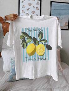 Mexican Basic 1 Letters Floral Leaf Casual None Beach Party Night Wedding Office Women's Slim Fit Casual Short Sleeve Lemon Print T-Shirt Cherry Strawberry Lemon New Launch - 白色 - 查看 6