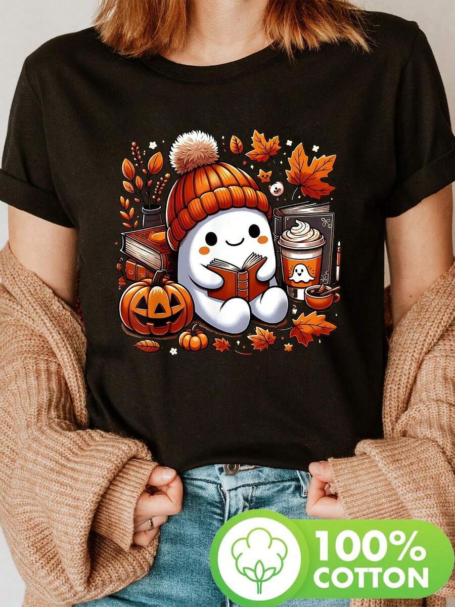 Camiseta Estampada para Mujer - Camiseta Casual de Manga Corta y Cuello Redondo en Negro con Diseño Colorido de Otoño, Corte Relajado para Todas las Estaciones, Perfecta para el Uso Diario y Atuendos de Vacaciones (Lavable aáquina). - Negro - Ver 1