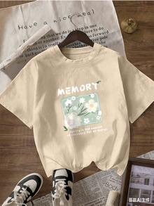 Floral T-Shirt With The Text "MEMORY".  Short-Sleeved T-Shirt For Spring And Summer 2026, Made In Mexico, 180 Grams. Cartoon Print, Couple Design, Suitable For Indoor Or Outdoor Wear. Crew Neck, Unisex, Ideal For The Office And Leisure. One-Pack. - APR-P631577SLNDXZGY582 - 查看 3