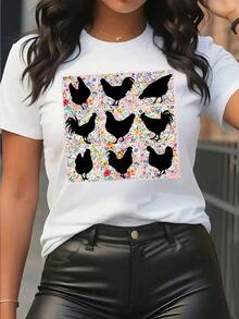 | Exquisite Design | Loose And Comfortable | Easy To Match | Women's Rustic Style T-Shirt With Rooster And Flower Print, Pure Cotton Summer T-Shirt With Round Neck, Casual Short Sleeve Top, Unique Design For Everyday Wear, Loose Fit, Breathable And Soft, Ideal For Vacation. - 白色 - 查看 1