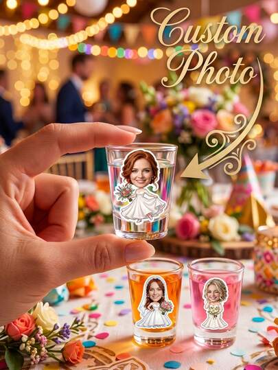 32/64/121pcs Custom Bride Shot Glass Stickers,Custom Photo Decals For Shot Glasses,Personalized Custom Bridal Party Stickers,Personalized Wedding Photo Decals For Shot Glasses & Party Favors