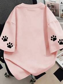 Camiseta con estampado de huella de gato, top de talla grande para mujer, diseño de manga corta estampada. , Playa, Navidad, Regalos del Día de la Madre; , Playa, Fitness Rosa Casual - Rosa - Ver 2