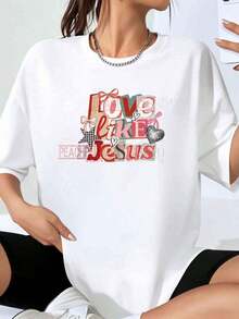 Women's 'Love Like Jesus' Graphic T-Shirt, White, Plus Size, Casual Style, For Everyday Wear And Religious Events - 白色 - 查看 7