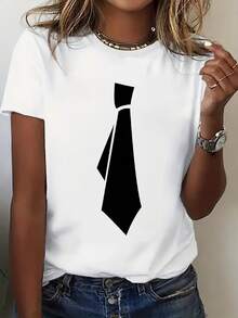 Women's T-Shirt: A Short-Sleeved T-Shirt With An Interesting Print And A Fun Bow Design; A Stylish And Casual Women's T-Shirt; A Comfortable Basic Crew Neck T-Shirt With A Unique Print; An Ideal Gift; A Comfortable And Breathable Sports T-Shirt. Women's T-Shirts. - 白色 - 查看 1