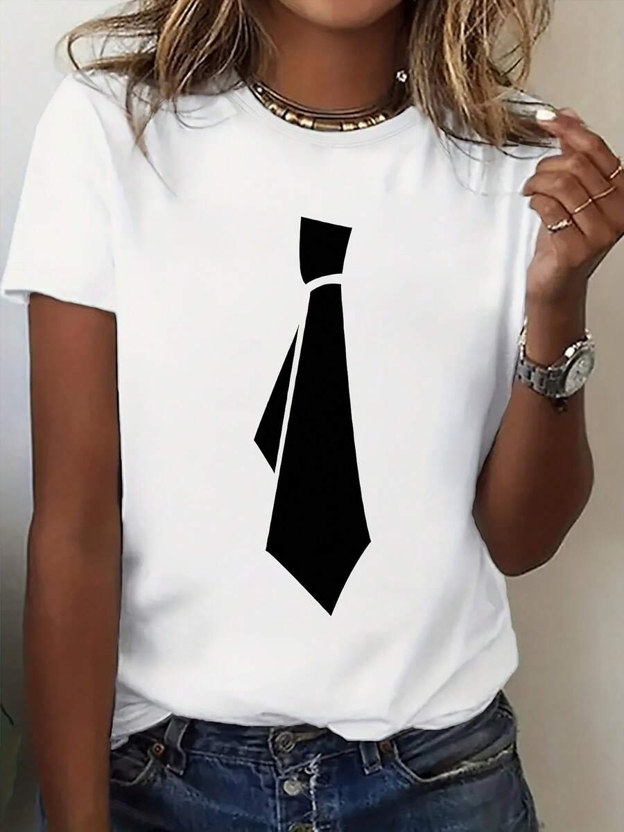 Women's T-Shirt: A Short-Sleeved T-Shirt With An Interesting Print And A Fun Bow Design; A Stylish And Casual Women's T-Shirt; A Comfortable Basic Crew Neck T-Shirt With A Unique Print; An Ideal Gift; A Comfortable And Breathable Sports T-Shirt. Women's T-Shirts. - 白色 - 查看 1