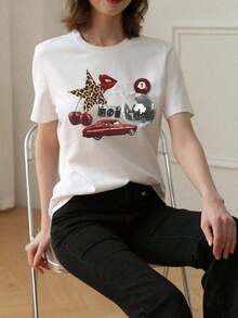 Camiseta de mujer de manga corta y cuello redondo con estampado de coche vintage, bola de discoteca y cerezas, estilo casual, adecuada para uso diario, color  Skin-FriendlyPure-Cotton - Blanco - Ver 3