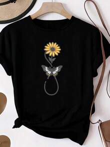 Women's T-Shirt, Modern And Elegant Top For Ladies, With Sunflower And Butterfly Prints, Fresh And Natural Design, Beautiful Short-Sleeved T-Shirt With Round Neck, Available In Multiple Sizes And Colors, Casual Sporty Style, Casual Wear. - 黑色 - 查看 1