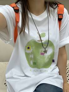 Ropa de mujer: camiseta 100% de manga corta con un divertido y creativo diseño de estampado de letras 'Square Apple', estilo Y2K, ajuste cómodo, cuello redondo, ideal para conjuntos elegantes y cómodos en primavera, verano y otoño. - Blanco - Ver 2