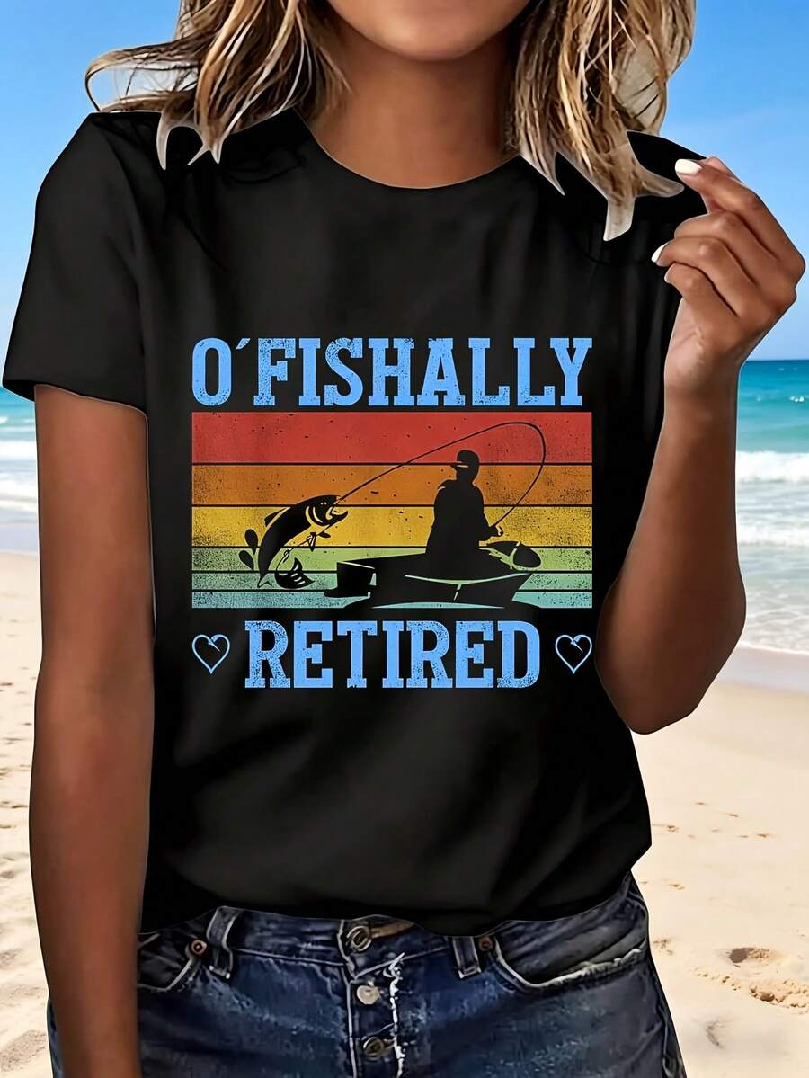 O Fishally Retired Vintage Fishing Shirt With Retro Design And Silhouette Print For Beach Outdoors Leisure Wear Perfect Gift For Fishing Lovers - Black - View 1