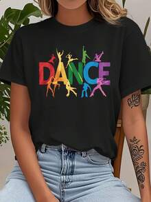 Women's Casual Short Sleeve T-Shirt - "DANCE" Letter Print, Crew Neck, Machine Washable, Casual Spring/Summer Vacation Wear, Easy-To-Wear T-Shirt, Fun Print T-Shirt, Loose Fit,  And Fashionable, Durable Printed T-Shirt - 黑色 - 查看 7