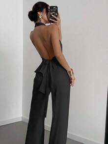 de dos piezas de top sin mangas con cuello en V asimétrico elegante y romántico, y pantalones rectos holgados de color caqui, adecuado para verano, playa, vacaciones - Gris Oscuro - Ver 5