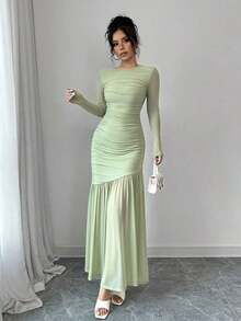 Vestido largo de manga larga con cuello redondo y malla para mujer, vestido casual de otoño.Adecuado para ropa de otoño, atuendo de regreso a clases, atuendo de maestro - verde menta - Ver 5
