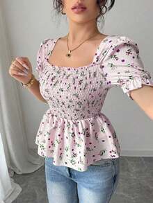 Blusa elegante de mujer con estampado floral diminuto y ajuste ceñido - Rosa - Ver 4