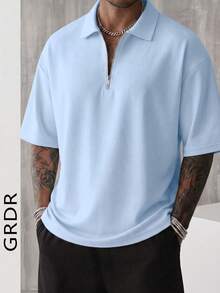 GRDR 男士夏季半拉鍊 Polo 領短袖 T 恤，純色經典款，適合戶外休閒穿著 - 淺藍色 - 查看 6