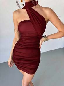 Nuevo vestido mini elegante, sexy y seductor de malla negra y roja con pliegues en la cintura, escote sin tirantes y dobladillo con lazo, ideal para la temporada de bodas, festivales de música, vuelta al colegio, vacaciones y eventos de fiesta y cóctel - Burdeos - Ver 7