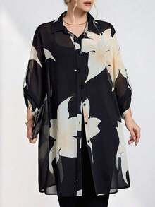 Chikora Camisa de manga larga con estampado floral y abotonadura sencilla para mujer de talla grande - Multicolor 2 - Ver 7