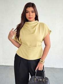 Blusa ajustada con cuello fruncido, manga asimétrica y cintura fruncida con estampado de lunares marrones.Adecuada para ir a trabajar, estilo vintage, elegante, para usar en las cuatro estaciones y para vacaciones en la Riviera Francesa - Amarillo - Ver 8