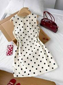 de mezclilla casual sin mangas con estampado de lunares para mujer de talla grande - Blanco y Negro - Ver 4