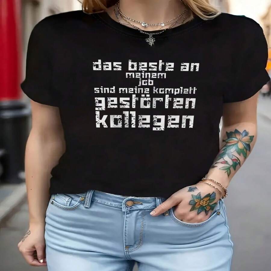 Camiseta casual de algodón de manga corta y cuello redondo para mujer con estampado gráfico único, top básico elástico para el día a día. - Negro - Ver 1