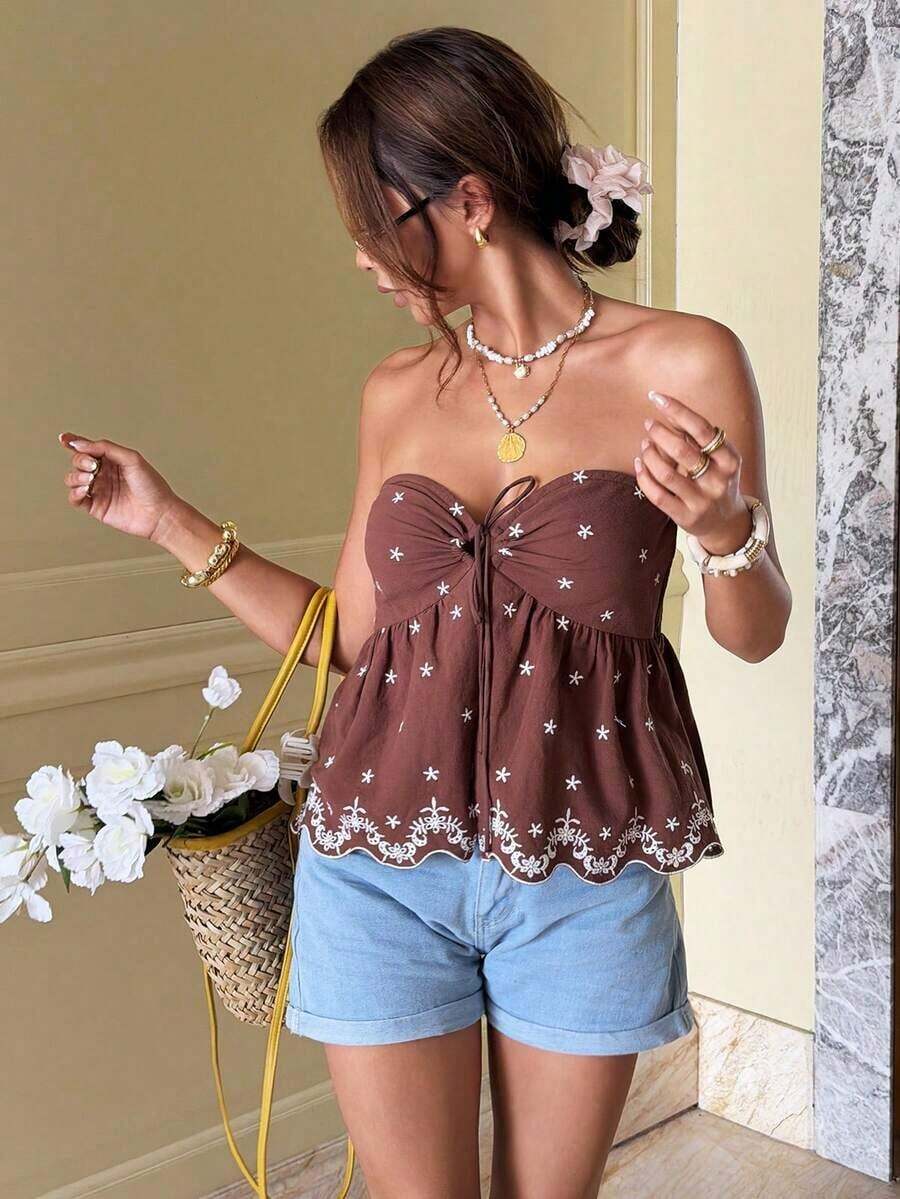 Top camisole de mujer con estampado, bordado y rayas, ideal para vacaciones con lazo delantero - Marrón - Ver 1