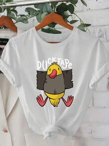 Limited Time Offer, Limited Quantities, Flash ! Women's Casual Shirts, Women's Polyester T-Shirts, Elegant Shirts. Creative Duck Design T-Shirt | Stylish And Fashionable Korean Casual T-Shirt For Spring/Summer, Regular Length, Crew Neck - 白色 - 查看 1