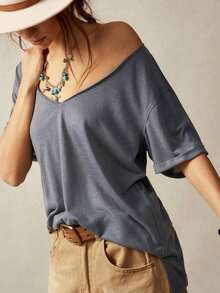 Camiseta casual de mujer de manga corta y cuello en V de unicolor holgada - Gris - Ver 5