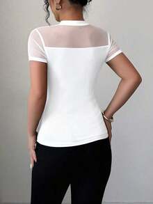 Camiseta de mujer de manga corta con cuello redondo, color liso, efecto transparente y parches, versátil para el verano de 2025 - Blanco - Ver 2