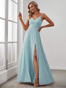 Elegante vestido de noche de unicolor y sexy, vestido de dama de honor con abertura alta y tirantes finos en azul marino, vestido formal para invitados de boda en primavera - Celeste - Ver 3