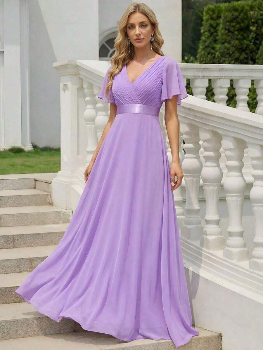 Vestido de dama de honor con cuello en V elegante, mangas con volantes y mariposa, color verde salvia, vestido de invitada de boda, vestido de primavera semi-formal para boda, fiesta de cumpleaños, graduación, Día de San Valentín - Lila Púrpura - Ver 1