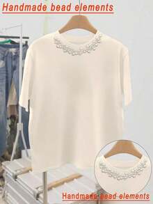 mujer de talla grande con estampado de bordado vintage de gato y floral, de cuello redondo y manga corta, top floral azul, adecuado para uso diario y vacaciones de verano - Albaricoque - Ver 3