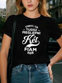Women's "You Can't Surprise Me, I Have Two Children" Letter Print T-Shirt, Spring-Summer, Short Sleeve, Round Neck, Casual, For Everyday Wear, Holiday Gift. - 黑色 - 查看 8