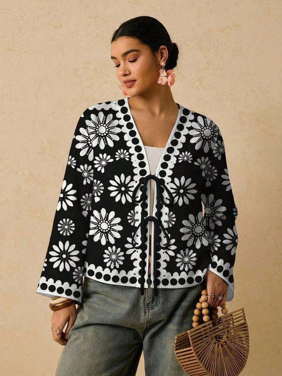Camisa casual versátil de uso diario con estampado floral y nudo delantero para mujer de talla grande - Multicolor 6 - Ver 1