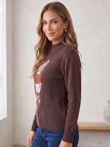 Women's Bear Modal Knit Sweater, Teddy Bear Design, Long Sleeve, High Neck, Casual Ribbed Knit, Autumn/Winter Style. - Navy Blue - View 9