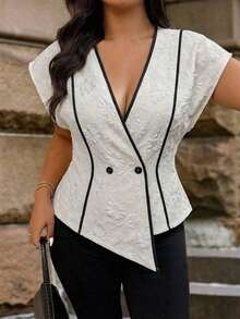 Camisa elegante de mujer talla grande con cuello en V, bajo asimétrico, diseño de rayas y parches, con encaje transparente en la parte delantera, adecuada para uso diario, oficina y citas, primavera/verano - Albaricoque - Ver 4
