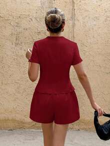 Frenchy Conjunto de 2 piezas de verano para mujer, de unicolor, con cuello cuadrado y manga corta, de estilo minimalista - Rojo - Ver 3