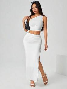 Falda negra de mujer con pliegues y abertura lateral para fiesta - Blanco - Ver 4