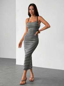 Vestido casual de vacaciones con tirantes finos para mujer - Blanco y Negro - Ver 8