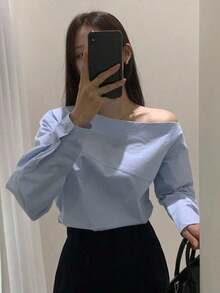 Camisa azul de manga larga con hombro asimétrico de unicolor para mujer, azul claro, primavera/verano/otoño - Celeste - Ver 7