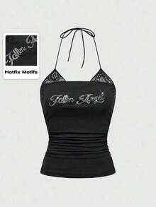 Camiseta de tirantes finos con adornos de strass y ribete de encaje 2 en 1 para mujer - Negro - Ver 6