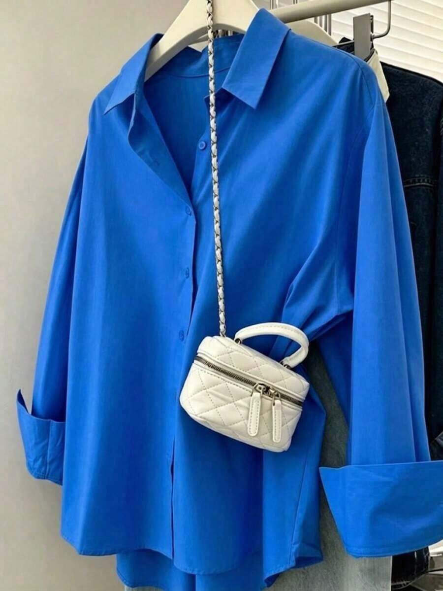 Camisa casual elegante con botones para mujer, blusa de oficina/trabajo con cuello en V, manga larga, con bolsillos, para primavera - azul real - Ver 1
