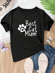 Camiseta casual holgada de manga corta para verano con diseño estampado 'Best Cat Mom' - Negro - Ver 1