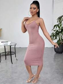 Vestido ajustado unicolor tejido de canalé - Rosa vieja - Ver 4